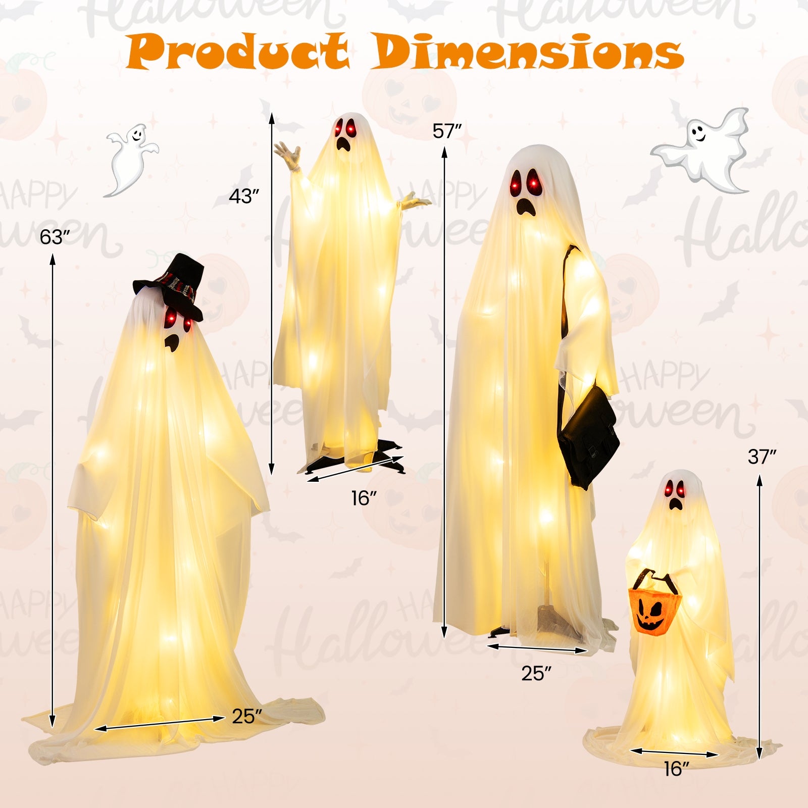 4 PCS Halloween Ghost Family, Cloth, And Warm White LED Lights, White, Red Halloween at Gallery Canada