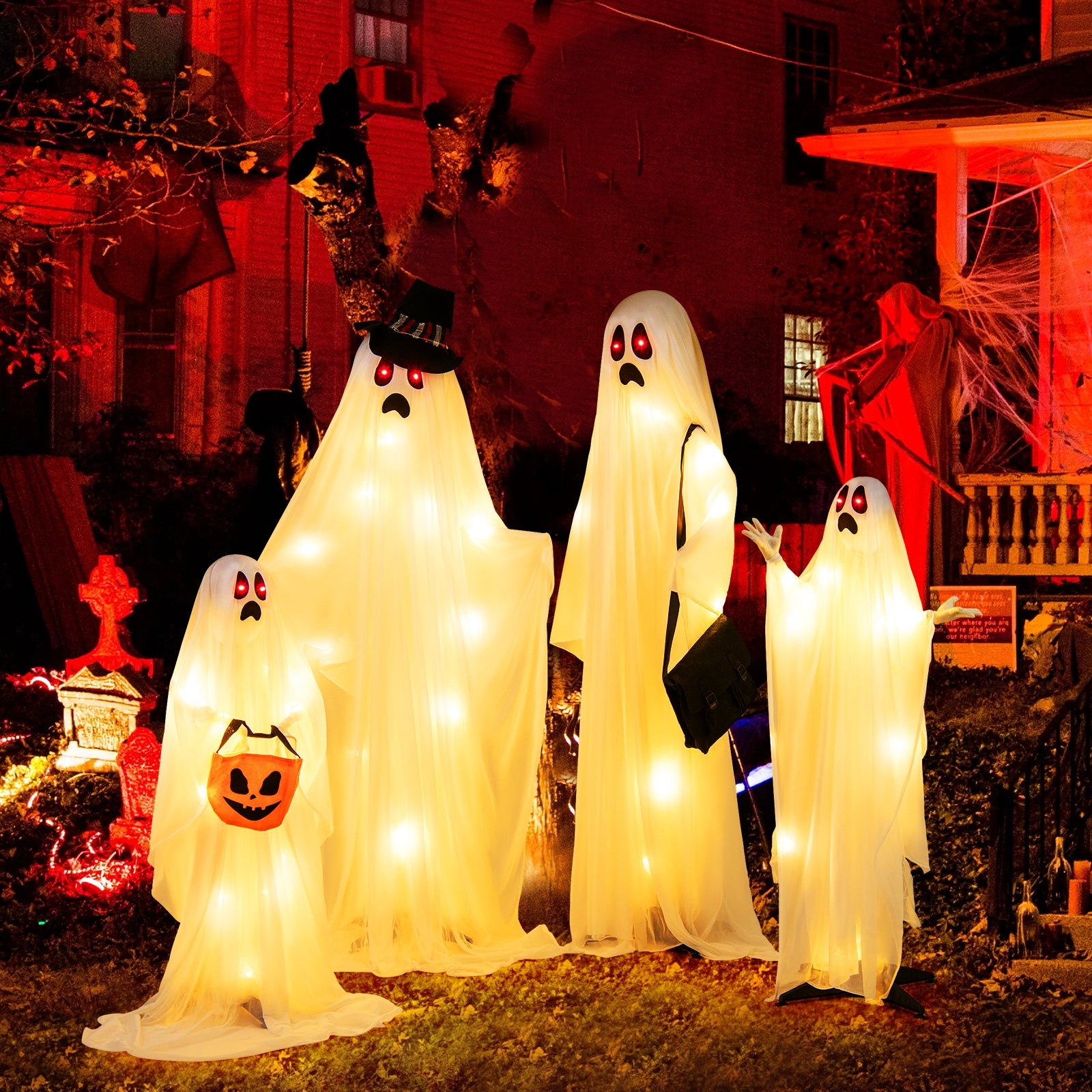 4 PCS Halloween Ghost Family, Cloth, And Warm White LED Lights, White, Red Halloween at Gallery Canada