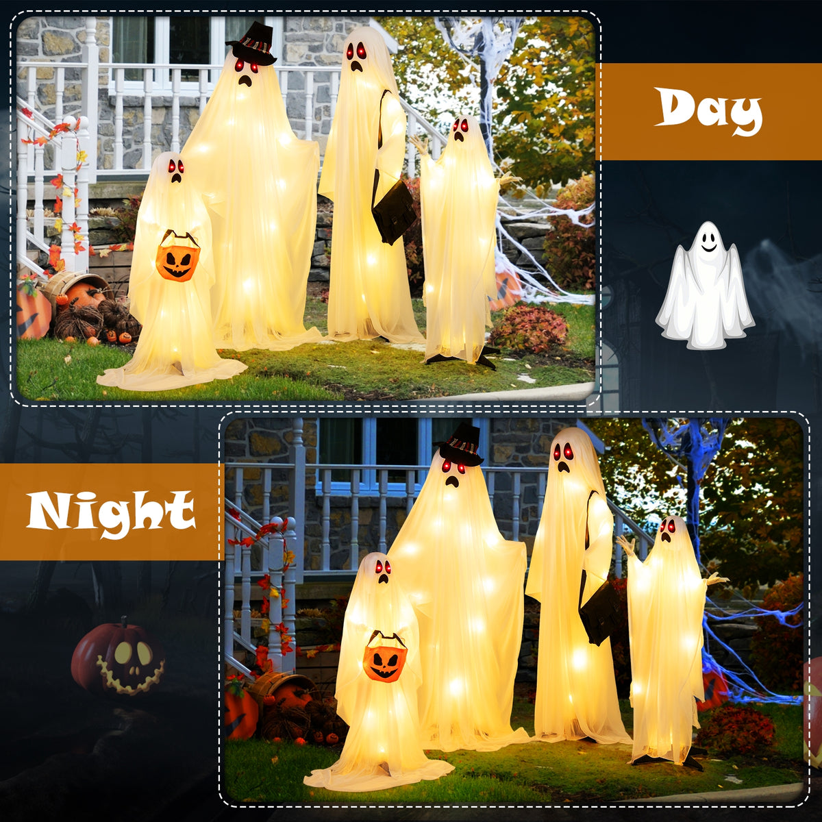 4 PCS Halloween Ghost Family, Cloth, And Warm White LED Lights, White, Red Halloween at Gallery Canada
