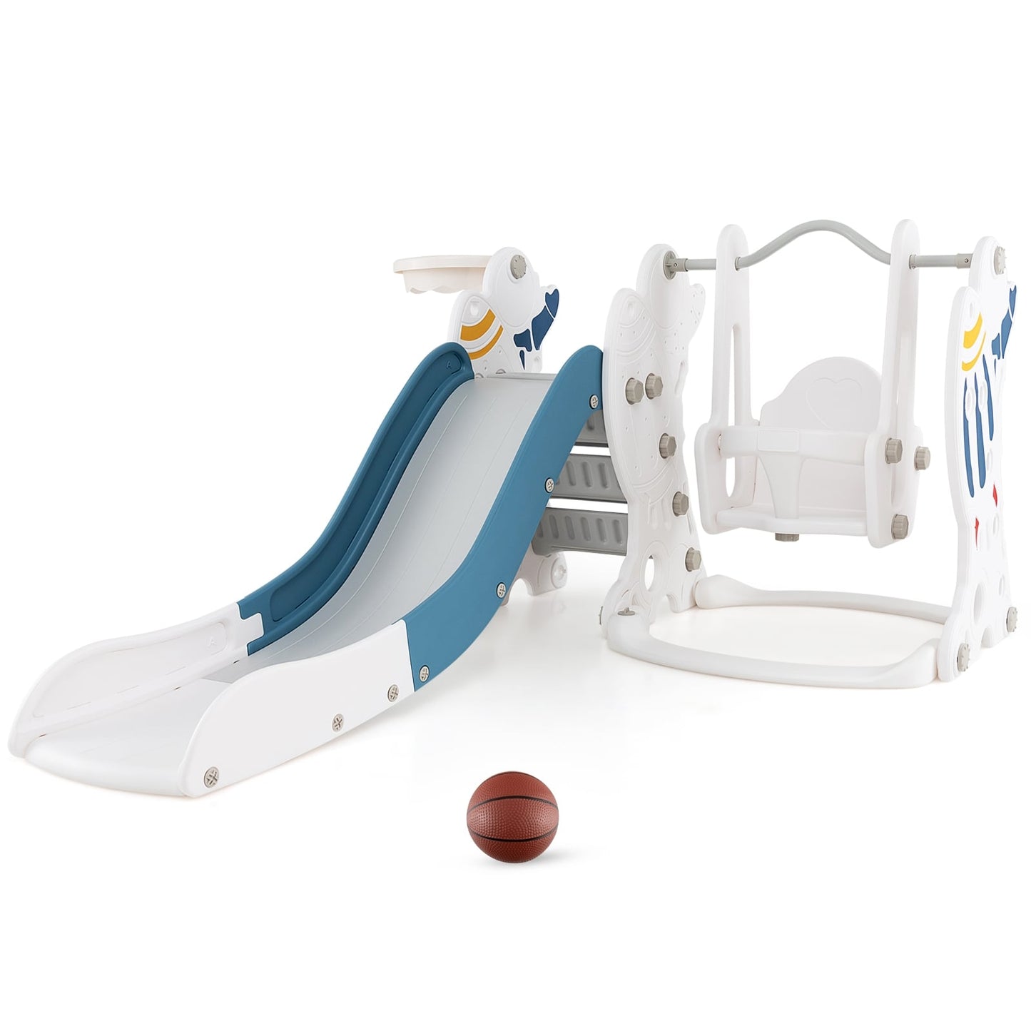 Ensemble de Glissoire et Balançoire 4-en-1 pour Enfants avec Panier de Basketball, Bleu
