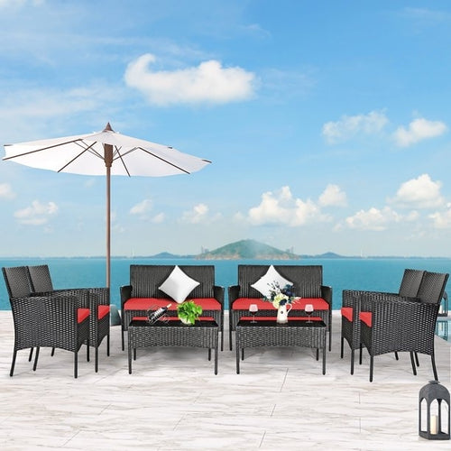 8 Pieces Patio Cushioned Rattan Furniture Set, Red