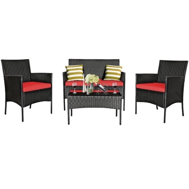 8 Pieces Patio Cushioned Rattan Furniture Set, Red Patio Conversation Sets Red at Gallery Canada