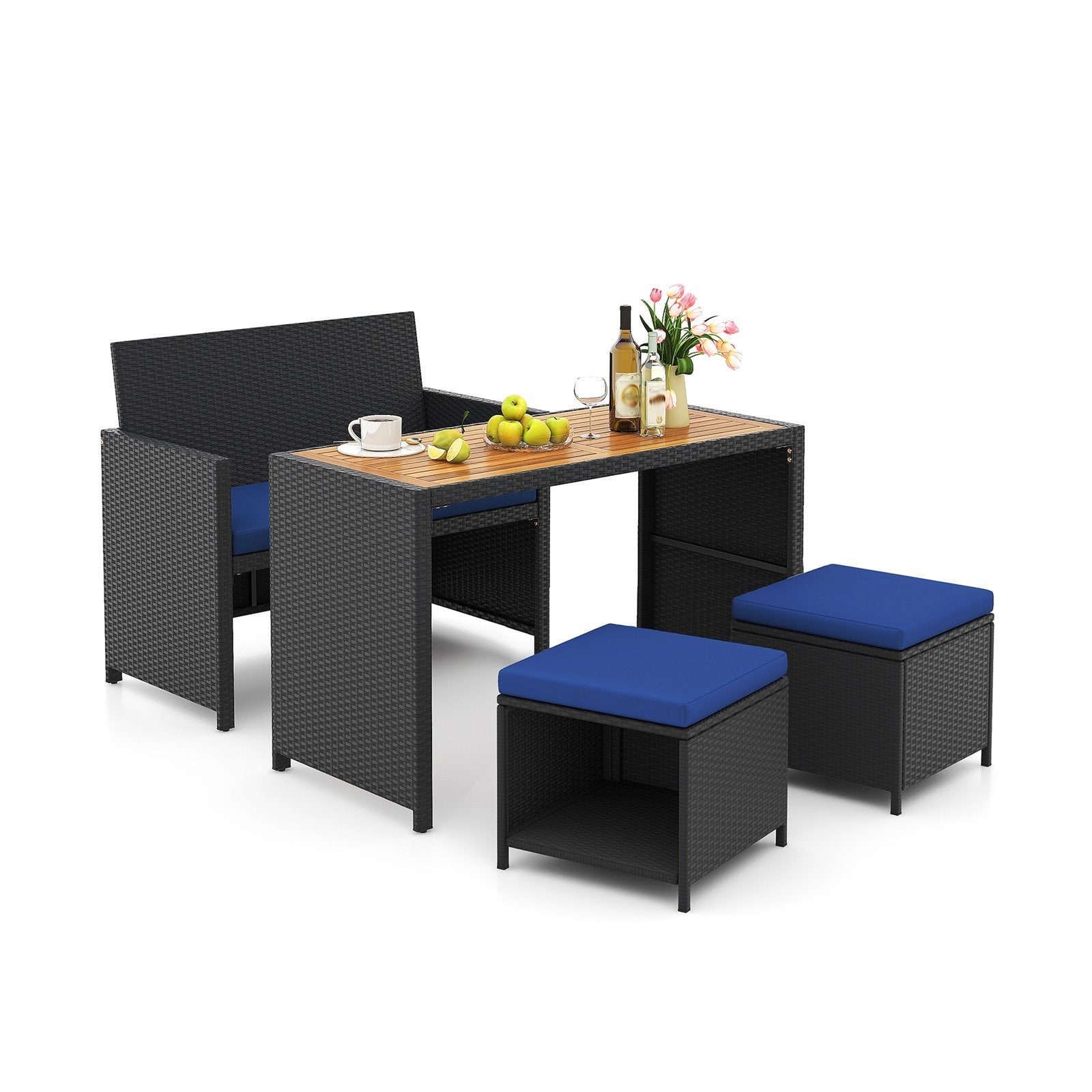 4 Piece Outdoor Dining Set with Wood Topped Dining Table Rattan Loveseat Chair and 2 Ottomans, Navy Patio Conversation Sets at Gallery Canada