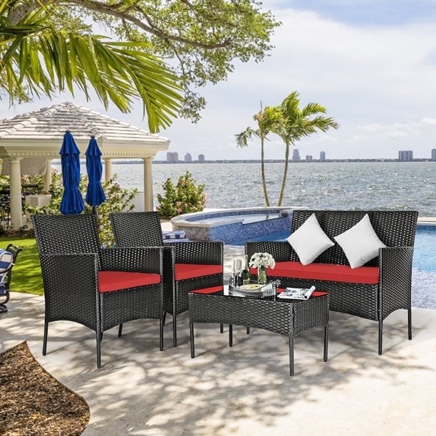 8 Pieces Patio Cushioned Rattan Furniture Set, Red Patio Conversation Sets at Gallery Canada