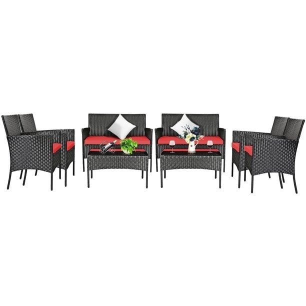 8 Pieces Patio Cushioned Rattan Furniture Set, Red Patio Conversation Sets at Gallery Canada