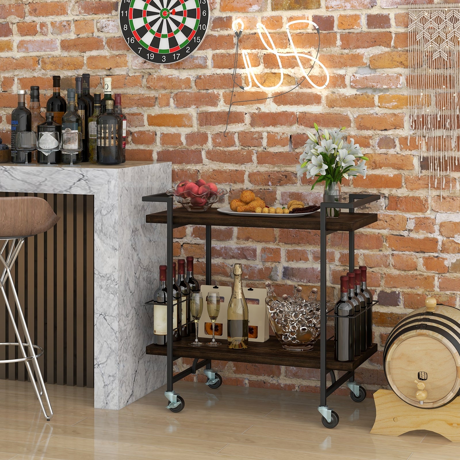 2-Tier Home Bar Cart with Lockable Wheels and Heavy-Duty Metal Frame, Rustic Brown Kitchen Islands & Carts at Gallery Canada
