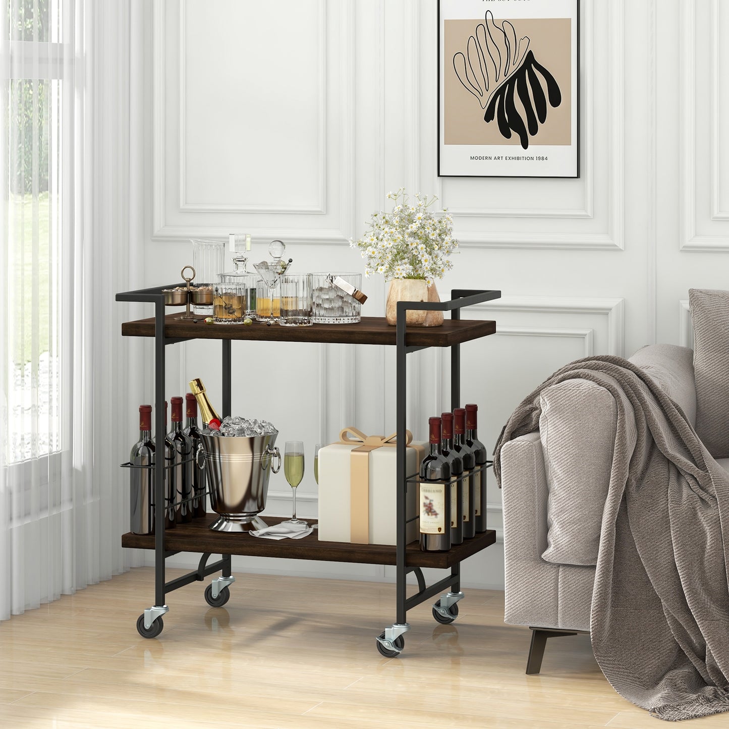 2-Tier Home Bar Cart with Lockable Wheels and Heavy-Duty Metal Frame, Rustic Brown Kitchen Islands & Carts at Gallery Canada