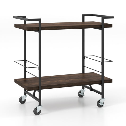 2-Tier Bar Cart, Lockable Wheels, Heavy-Duty Metal Frame, Rustic Brown Kitchen Islands & Carts Rustic Brown at Gallery Canada