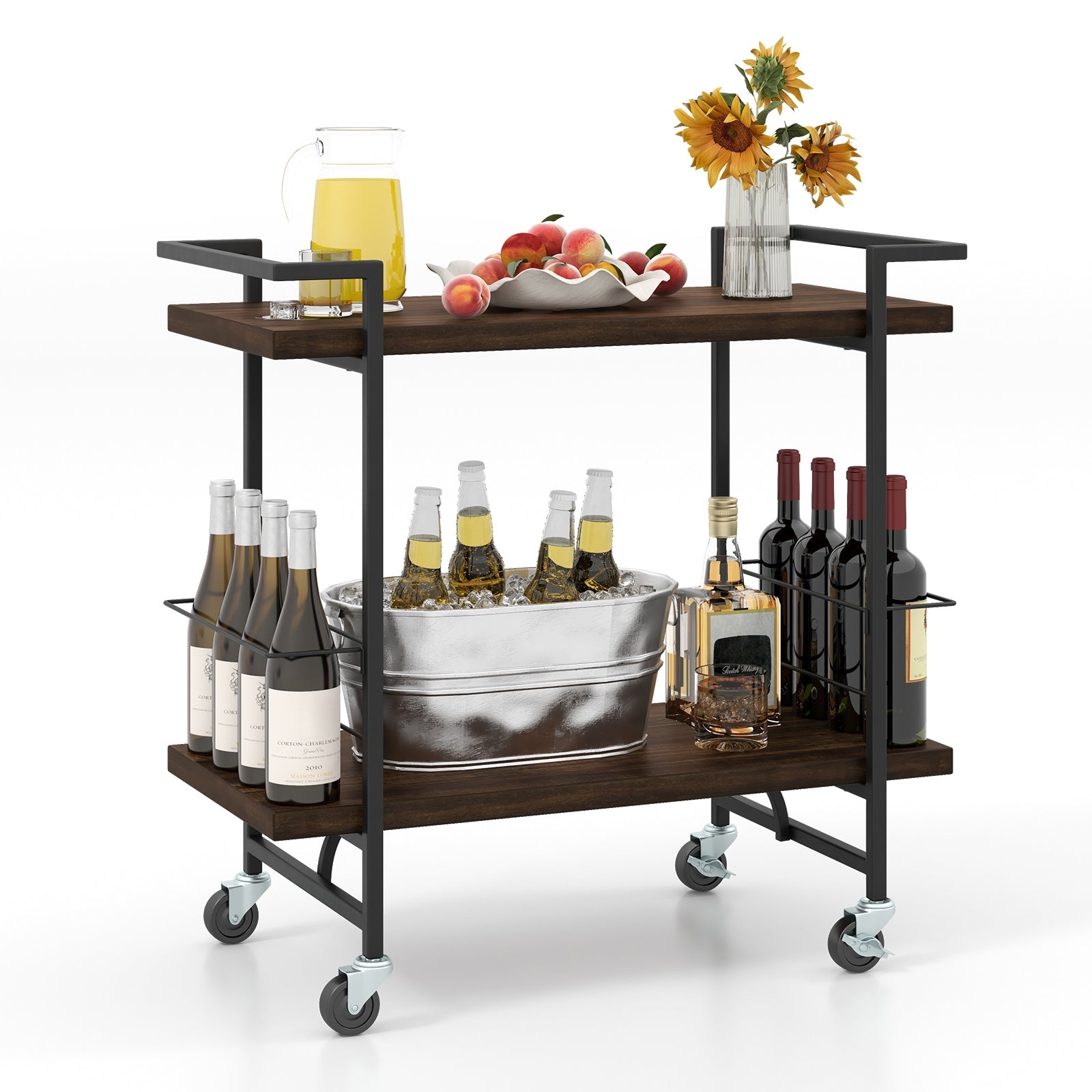 2-Tier Home Bar Cart with Lockable Wheels and Heavy-Duty Metal Frame, Rustic Brown Kitchen Islands & Carts at Gallery Canada