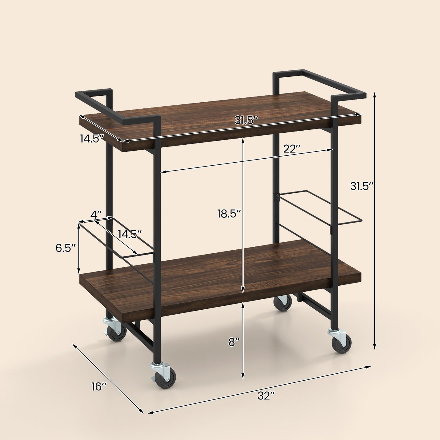 2-Tier Home Bar Cart with Lockable Wheels and Heavy-Duty Metal Frame, Rustic Brown Kitchen Islands & Carts at Gallery Canada