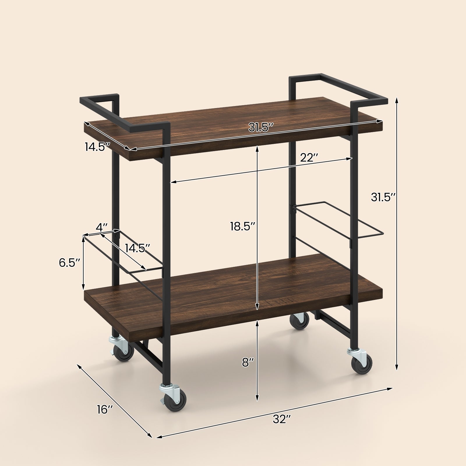 2-Tier Home Bar Cart with Lockable Wheels and Heavy-Duty Metal Frame, Rustic Brown Kitchen Islands & Carts at Gallery Canada
