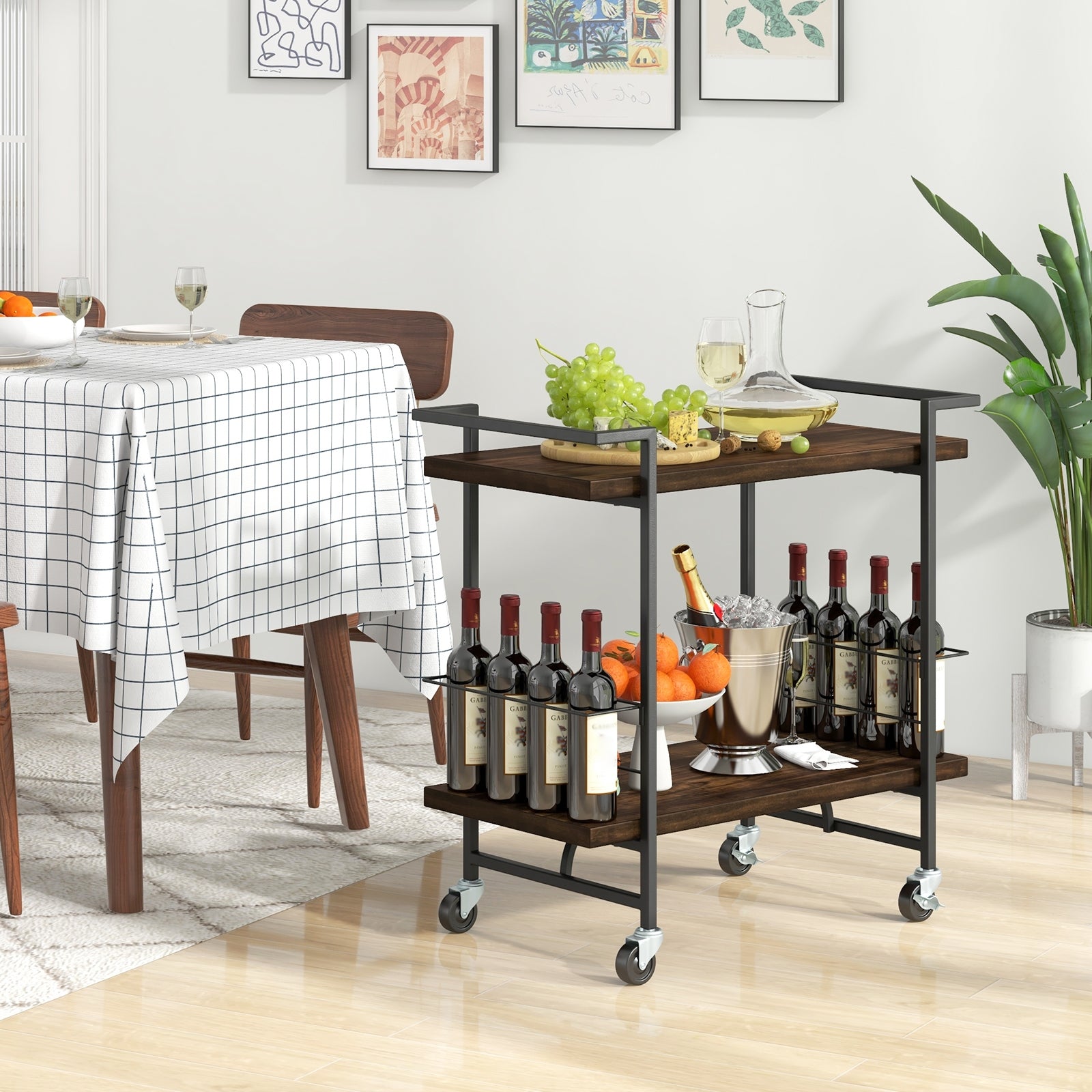 2-Tier Home Bar Cart with Lockable Wheels and Heavy-Duty Metal Frame, Rustic Brown Kitchen Islands & Carts at Gallery Canada