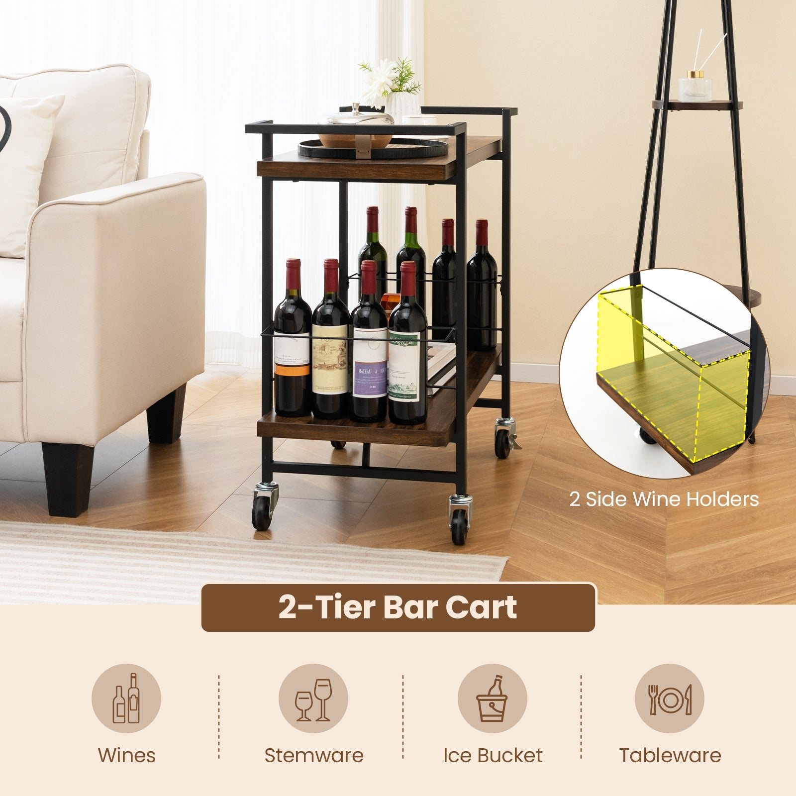 2-Tier Home Bar Cart with Lockable Wheels and Heavy-Duty Metal Frame, Rustic Brown Kitchen Islands & Carts at Gallery Canada