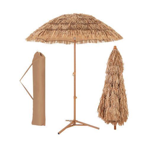 6.5 Feet Thatched Tiki Umbrella, Natural, Foldable Stand, Push Button Tilt