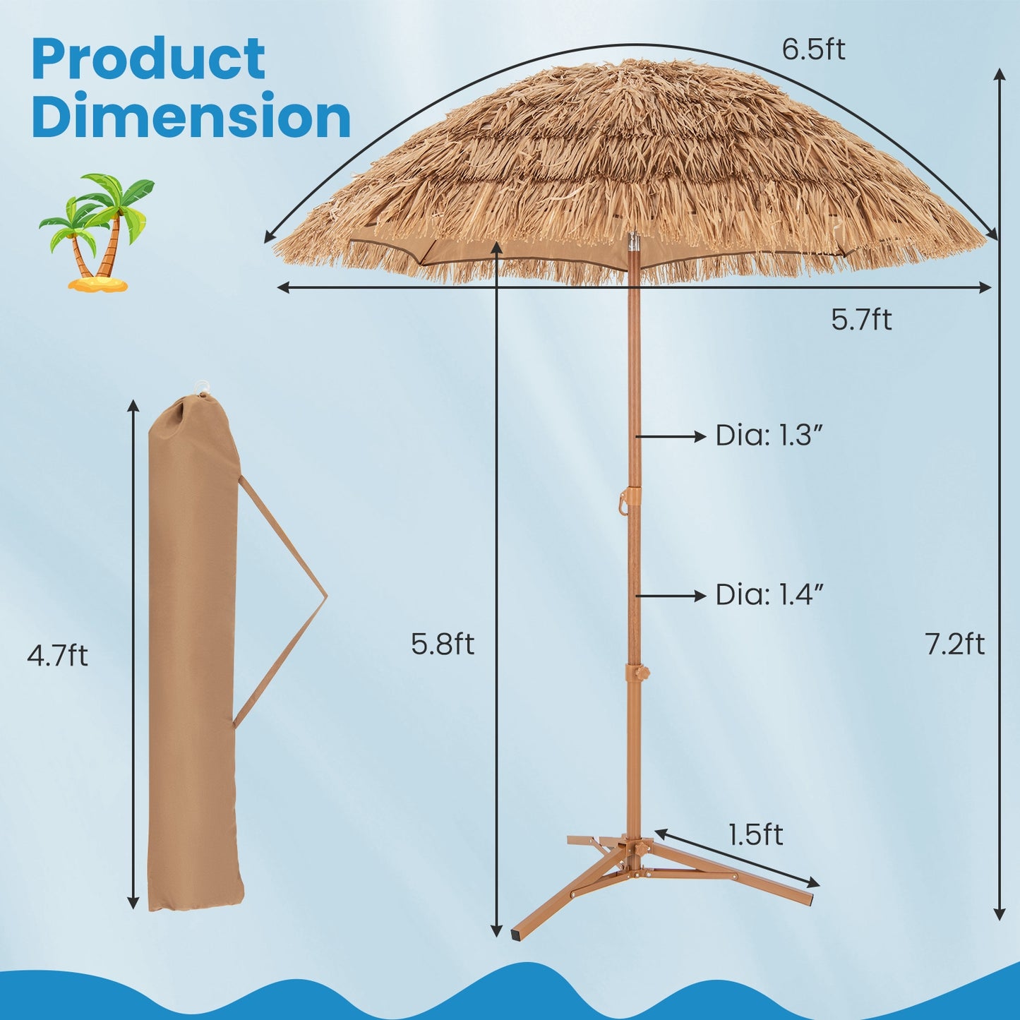 6.5 Feet Thatched Tiki Umbrella with Foldable Stand Push Button Tilt, Natural Outdoor Umbrellas at Gallery Canada