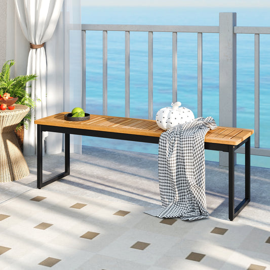 Patio Dining Bench Backless with Slatted Seat and Metal Legs, Natural Outdoor Benches Natural at Gallery Canada