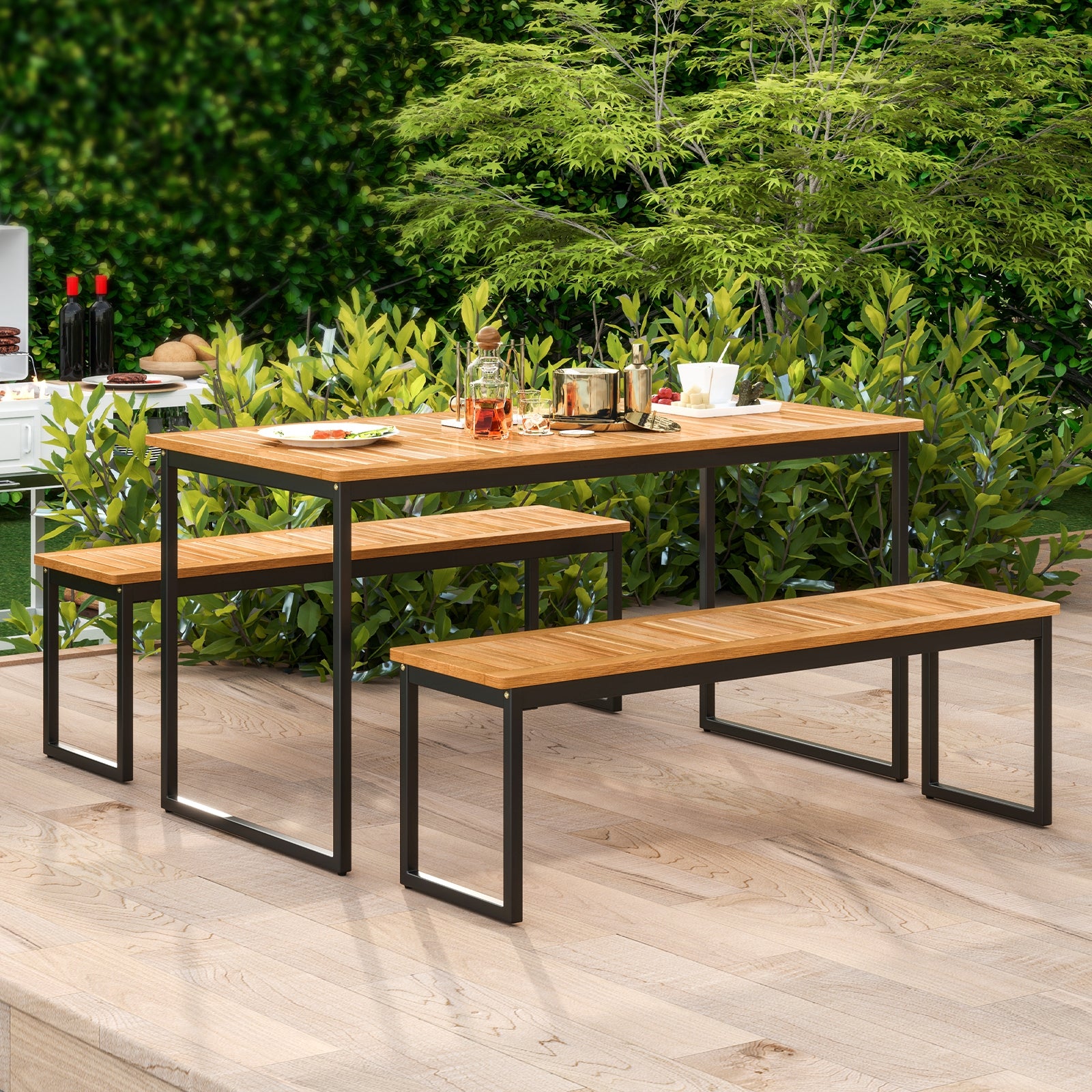 Patio Dining Bench Backless with Slatted Seat and Metal Legs, Natural Outdoor Benches at Gallery Canada