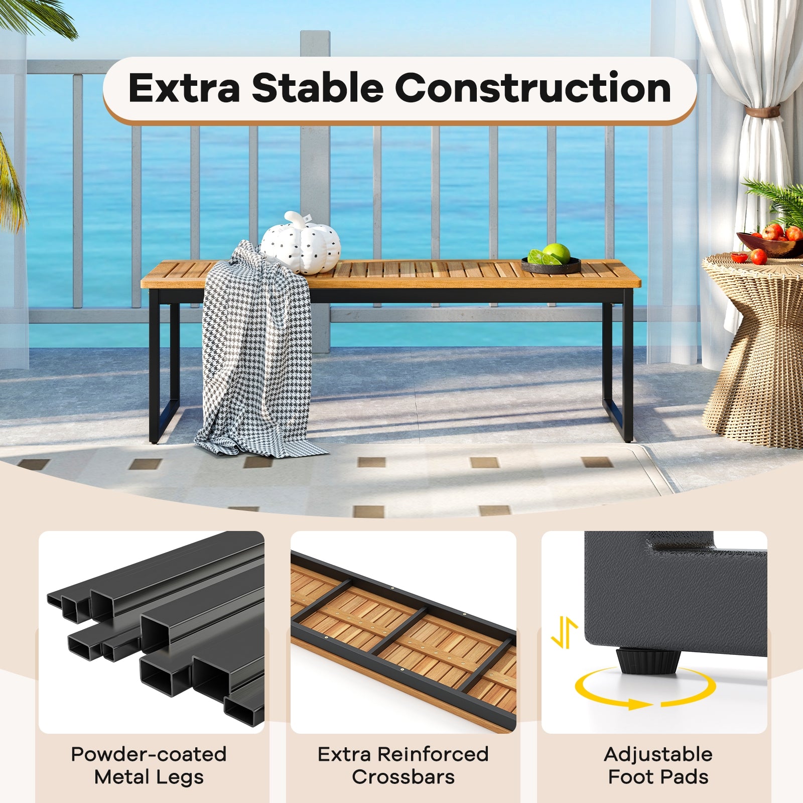 Patio Dining Bench Backless with Slatted Seat and Metal Legs, Natural Outdoor Benches at Gallery Canada