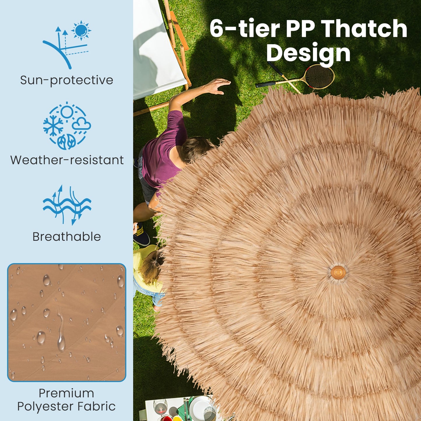 6.5 Feet Thatched Tiki Umbrella with Foldable Stand Push Button Tilt, Natural Outdoor Umbrellas at Gallery Canada