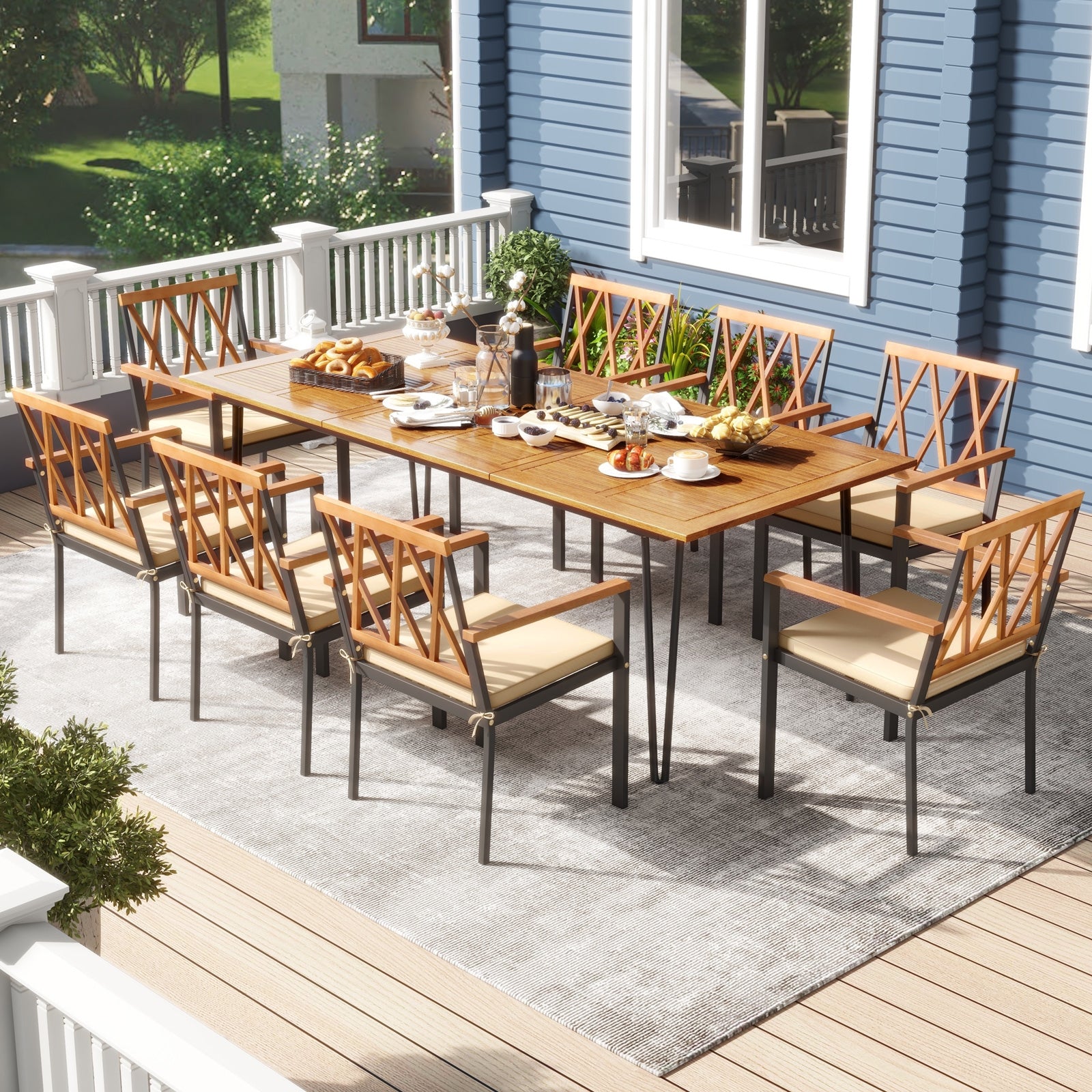 Acacia Wood Outdoor Furniture Set 9 Pieces Patio Dining Set with 8 Chairs, Natural Patio Dining Sets at Gallery Canada