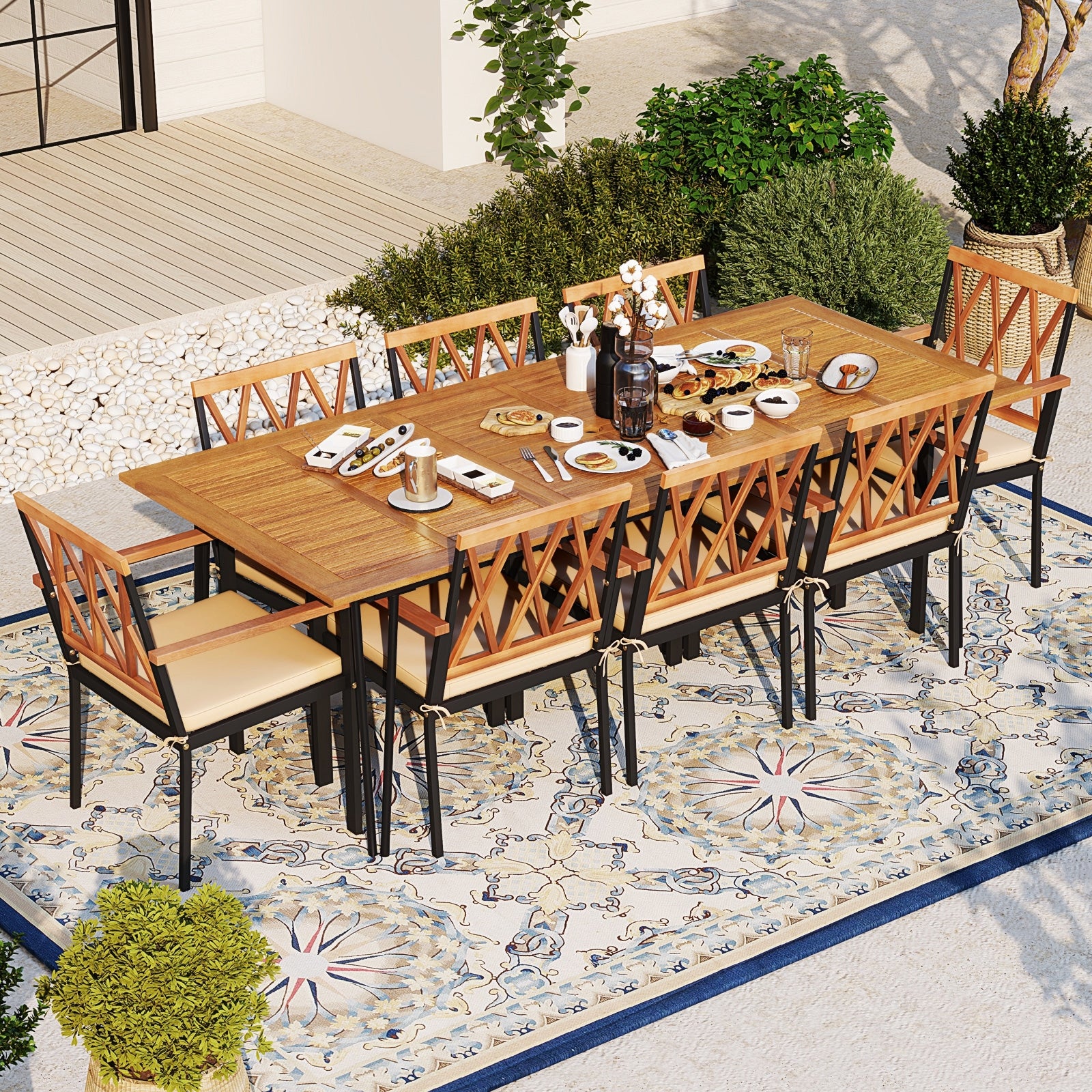 Acacia Wood Outdoor Furniture Set 9 Pieces Patio Dining Set with 8 Chairs, Natural Patio Dining Sets at Gallery Canada