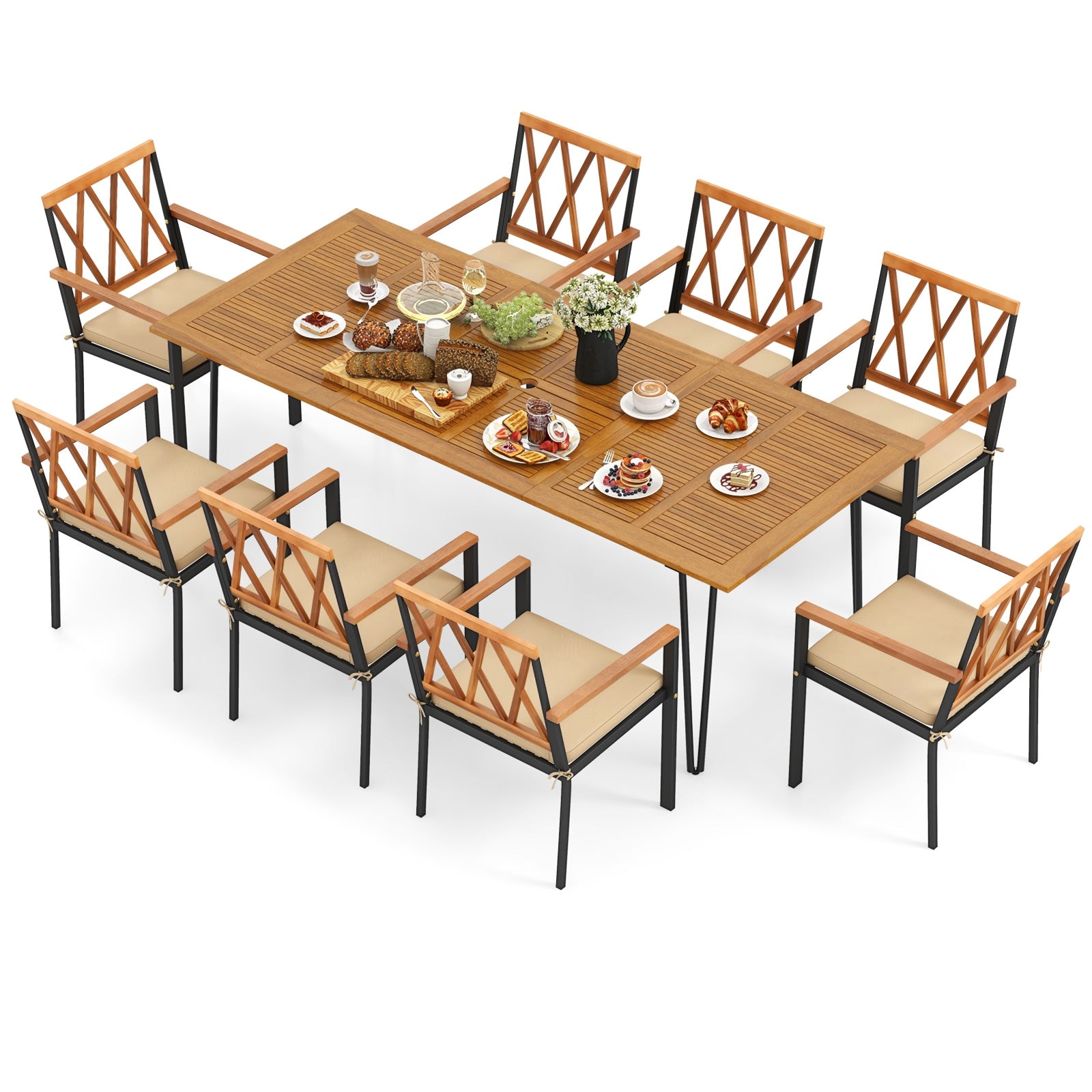 Acacia Wood Outdoor Furniture Set 9 Pieces Patio Dining Set with 8 Chairs, Natural Patio Dining Sets at Gallery Canada