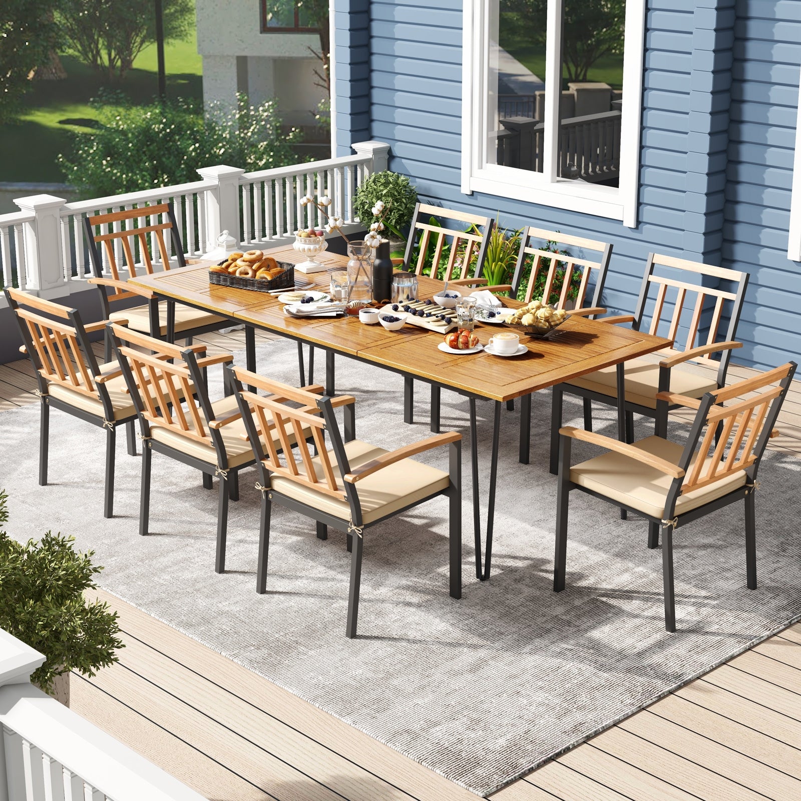 9 Pieces Patio Dining Outdoor Furniture Set with 8 Chairs and Umbrella Hole, Natural Patio Dining Sets at Gallery Canada