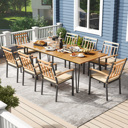 9 Pieces Patio Dining Outdoor Furniture Set with 8 Chairs and Umbrella Hole, Natural Patio Dining Sets at Gallery Canada