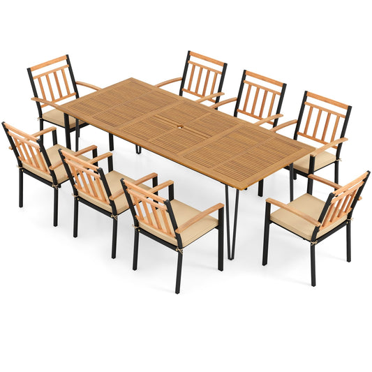 9 Piece Patio Dining Set, 8 Chairs, Umbrella Hole, Natural Patio Dining Sets Natural at Gallery Canada