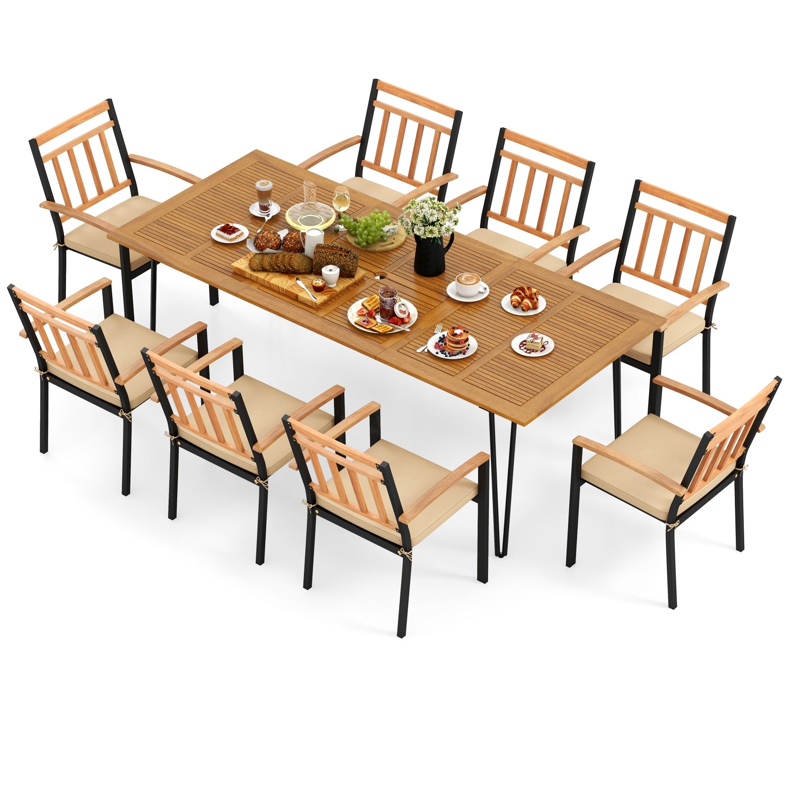 9 Pieces Patio Dining Outdoor Furniture Set with 8 Chairs and Umbrella Hole, Natural Patio Dining Sets at Gallery Canada
