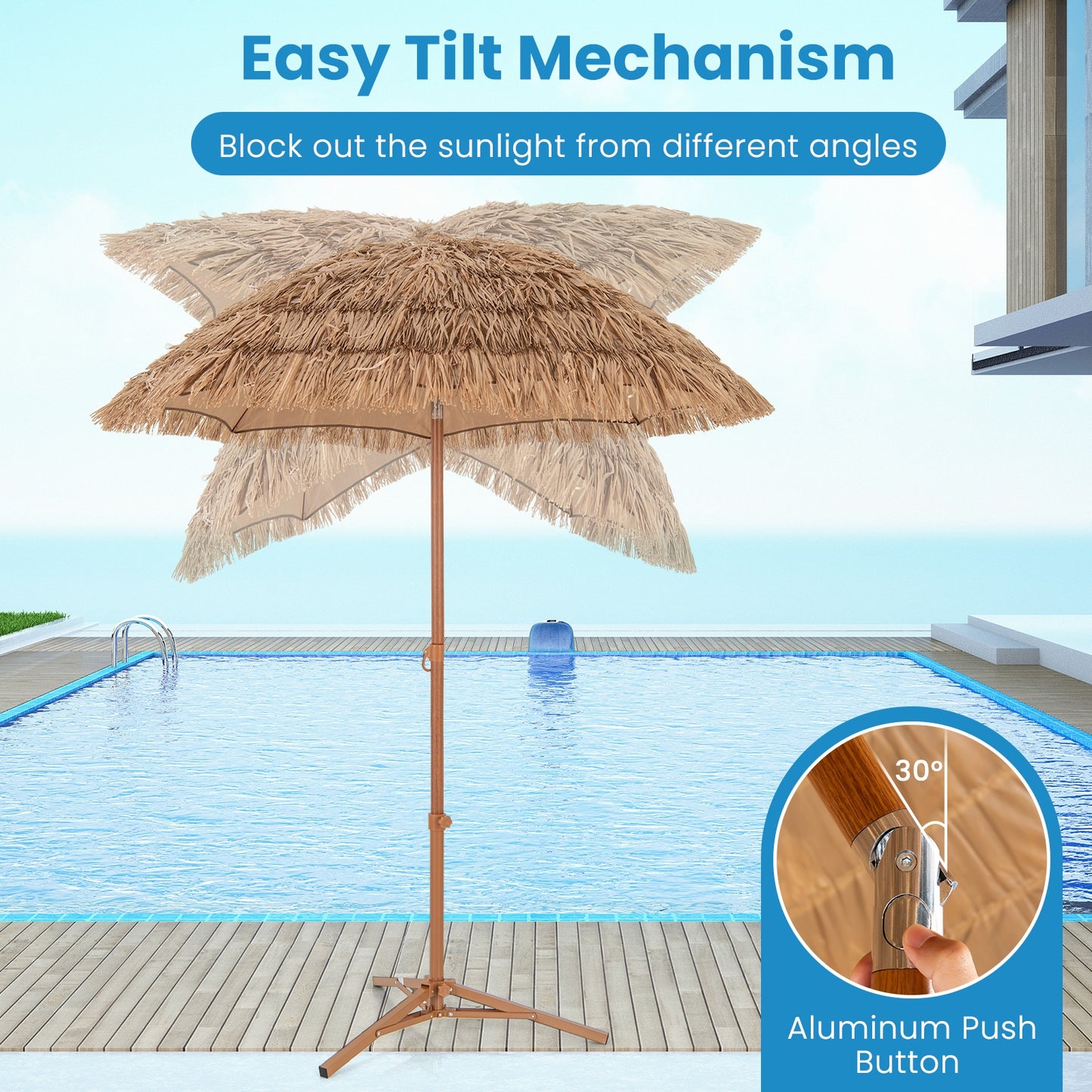 6.5 Feet Thatched Tiki Umbrella with Foldable Stand Push Button Tilt, Natural Outdoor Umbrellas at Gallery Canada