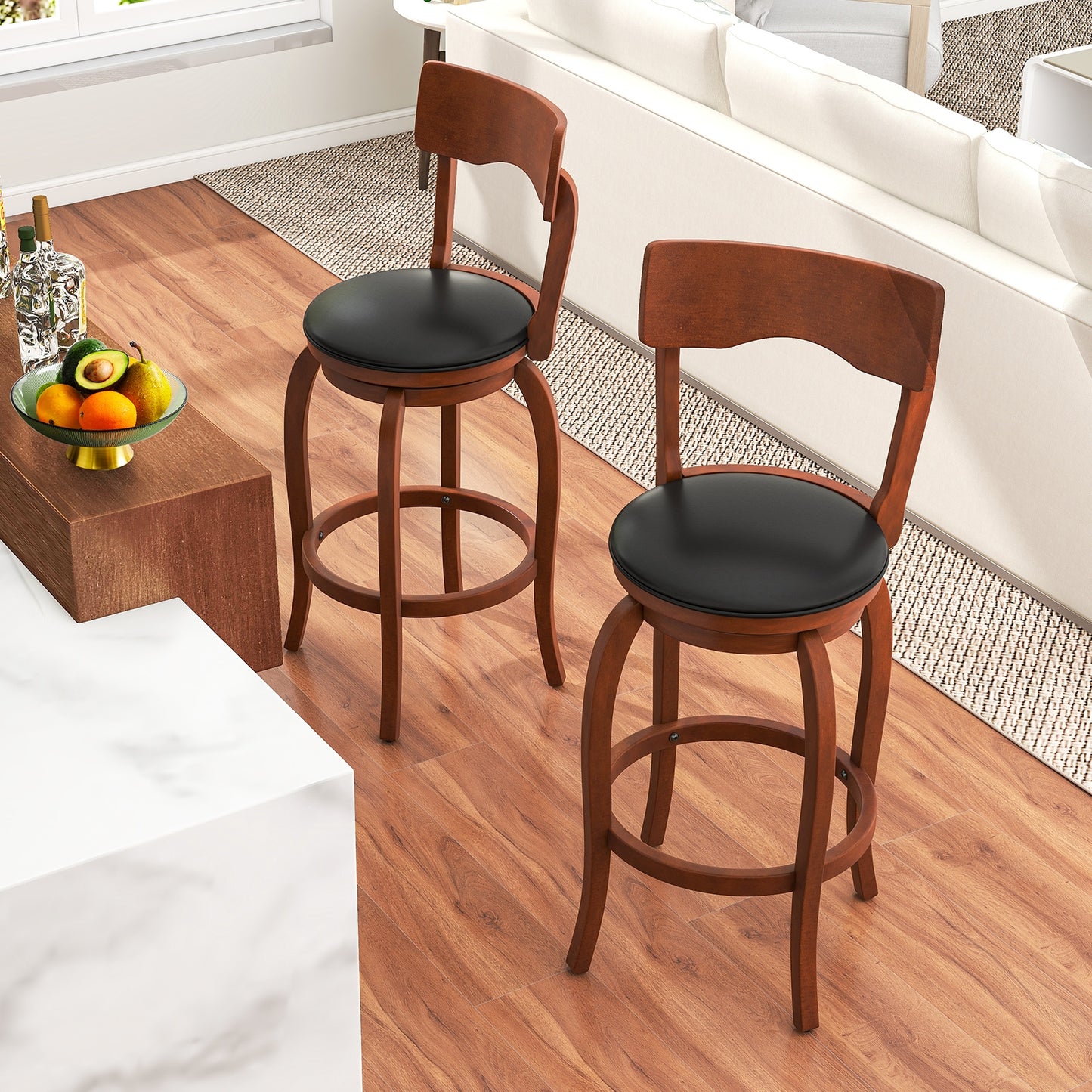 Swivel Bar Stools Set of 2 with Rubber Wood Frame and Upholstered Seat-29 Inch, Black & Brown Bar Stools at Gallery Canada