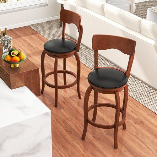 Swivel Bar Stools Set of 2 with Rubber Wood Frame and Upholstered Seat-29 Inch, Black & Brown