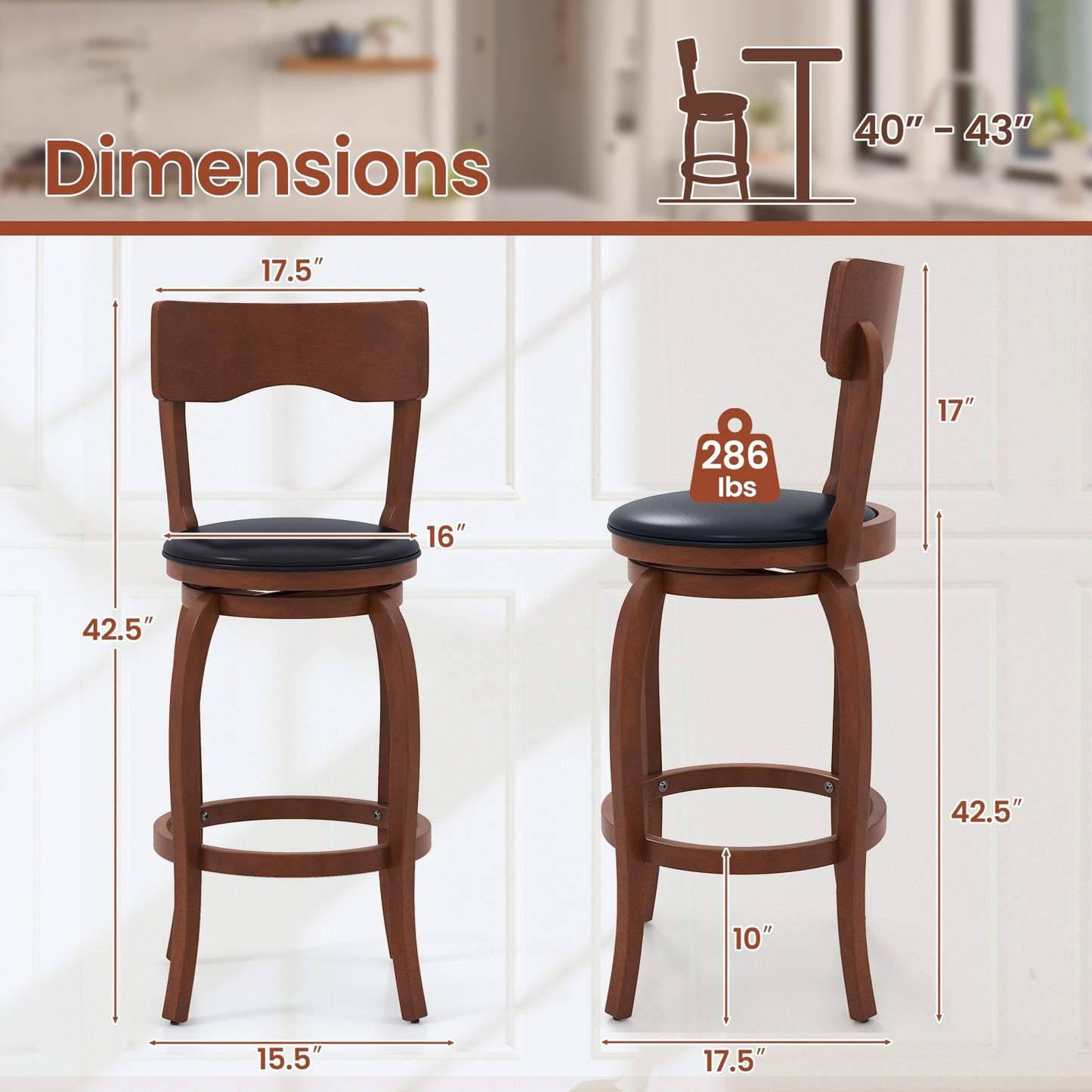 Swivel Bar Stools Set of 2 with Rubber Wood Frame and Upholstered Seat-29 Inch, Black & Brown Bar Stools at Gallery Canada