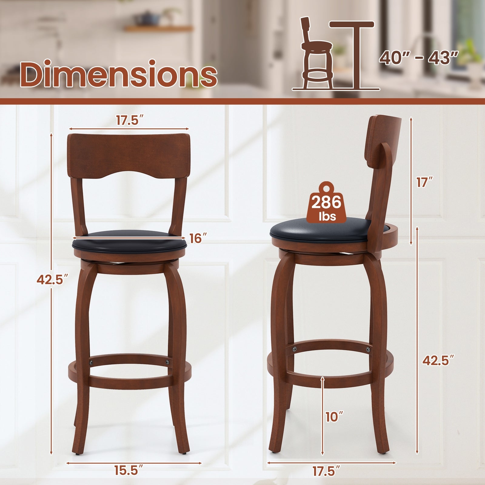 Swivel Bar Stools Set of 2 with Rubber Wood Frame and Upholstered Seat-29 Inch, Black & Brown Bar Stools at Gallery Canada