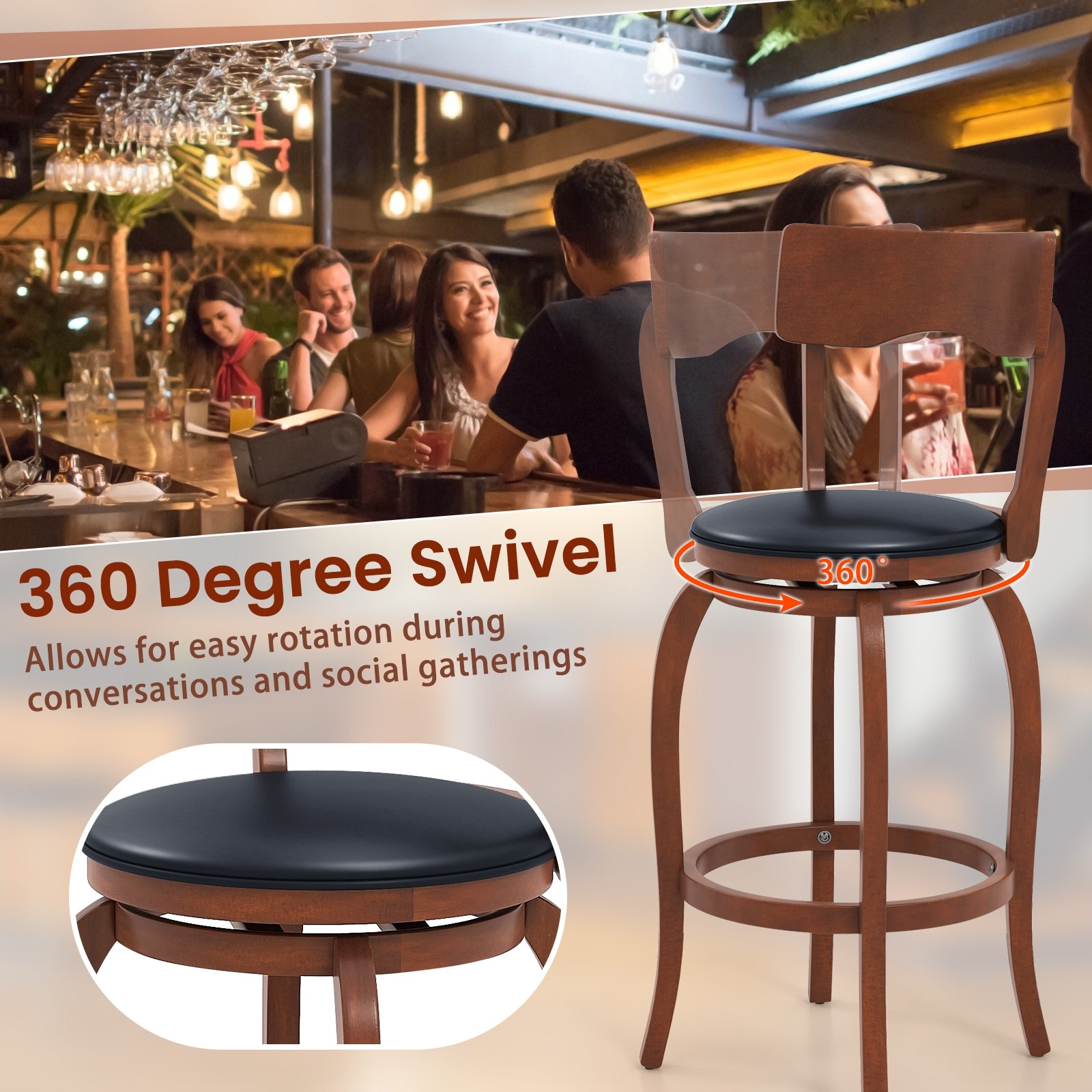 Swivel Bar Stools Set of 2 with Rubber Wood Frame and Upholstered Seat-29 Inch, Black & Brown Bar Stools at Gallery Canada