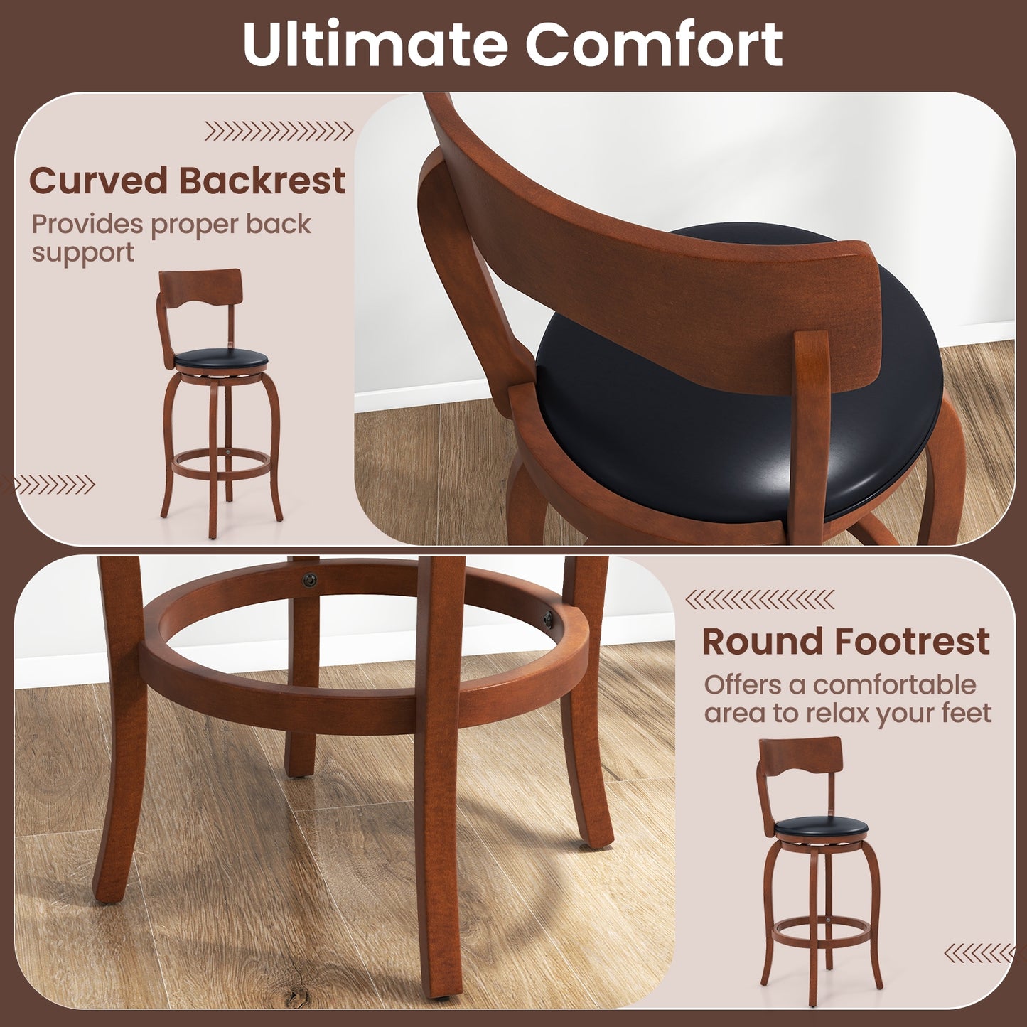 Swivel Bar Stools Set of 2 with Rubber Wood Frame and Upholstered Seat-29 Inch, Black & Brown Bar Stools at Gallery Canada