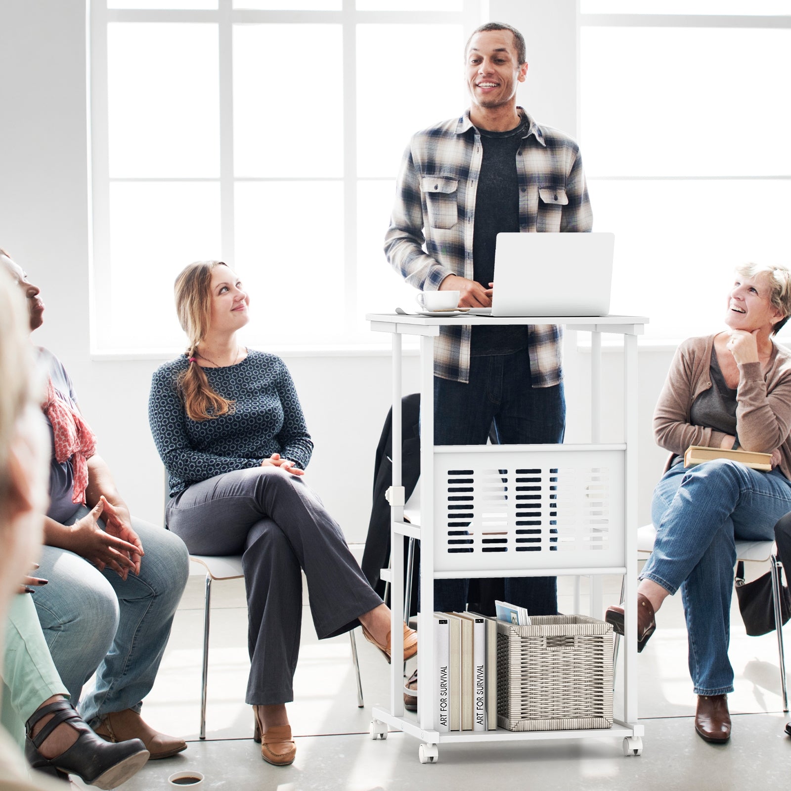 Height Adjustable Mobile Computer Stand-Up Desk with Two Modes, White Computer Desks at Gallery Canada