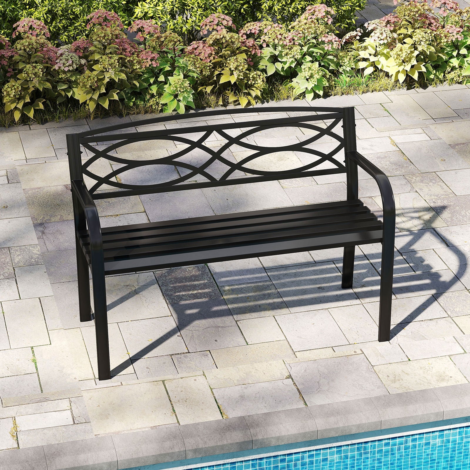 Garden Bench with Curved Armrests and Backrest, Black Outdoor Benches at Gallery Canada