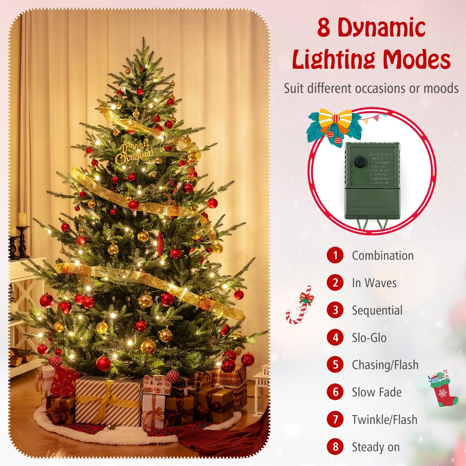 6/7/8 FT Pre-Lit Artificial Hinged Xmas Tree with 778/1480 PVC and PE Branch Tips-L, Green Christmas Tree at Gallery Canada