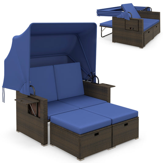Outdoor Rattan Daybed, Retractable Canopy, Adjustable Backrests, Navy Outdoor Sectionals Navy at Gallery Canada