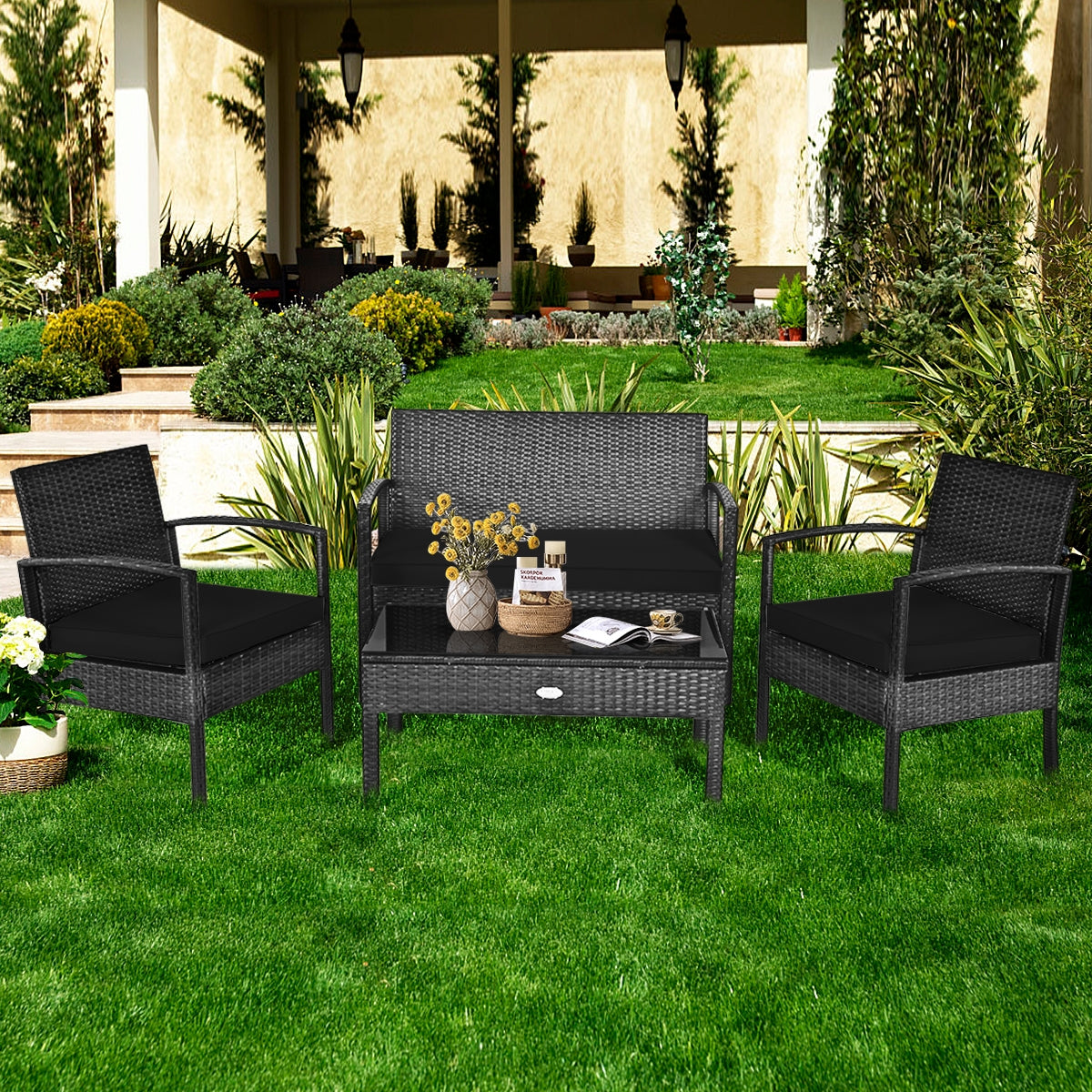 4 Pieces Patio Rattan Cushioned Furniture Set, Black Patio Conversation Sets at Gallery Canada