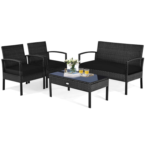 4 Pieces Patio Rattan Cushioned Furniture Set, Black