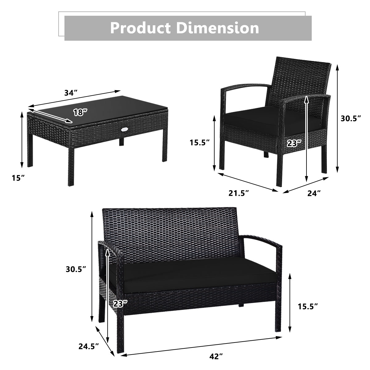 4 Pieces Patio Rattan Cushioned Furniture Set, Black Patio Conversation Sets at Gallery Canada