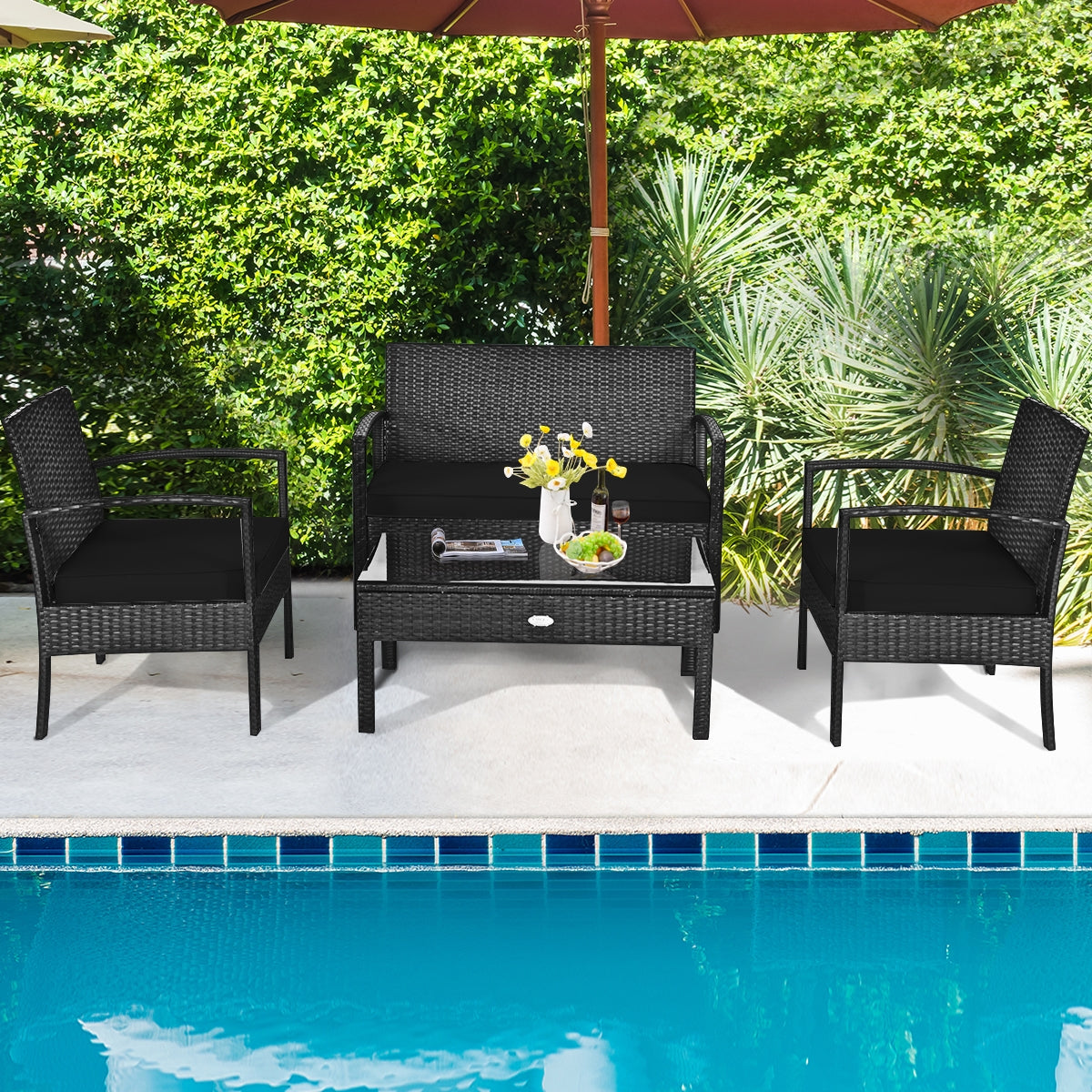 4 Pieces Patio Rattan Cushioned Furniture Set, Black Patio Conversation Sets at Gallery Canada