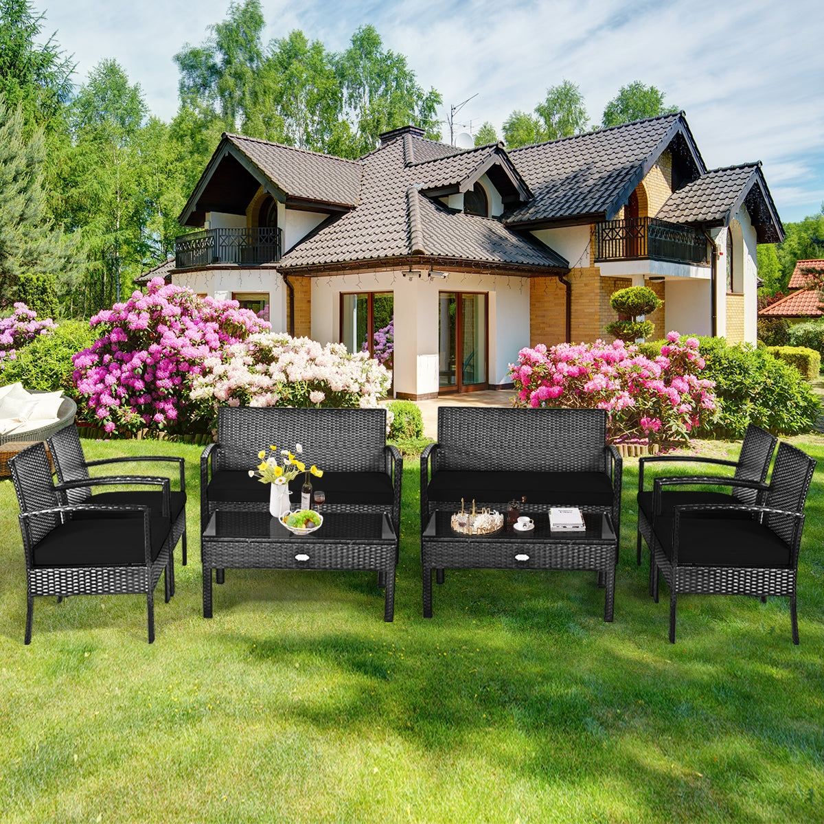 4 Pieces Patio Rattan Cushioned Furniture Set, Black Patio Conversation Sets at Gallery Canada