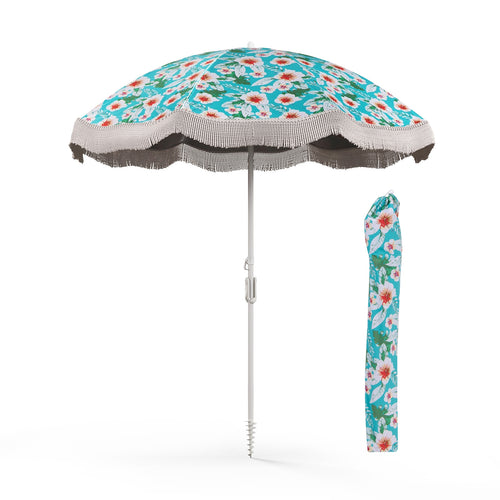 6.5 FT Beach Umbrella With Fringe, Push Button Tilt, Green