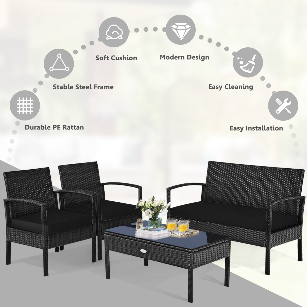 4 Pieces Patio Rattan Cushioned Furniture Set, Black Patio Conversation Sets at Gallery Canada
