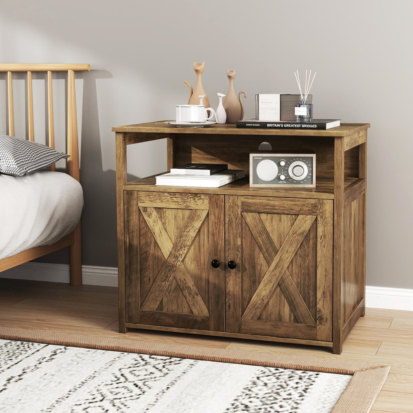Cat Litter Box Enclosure with Double Barn Doors Divider Side Entry and Storage Shelf, Oak Cat Houses at Gallery Canada