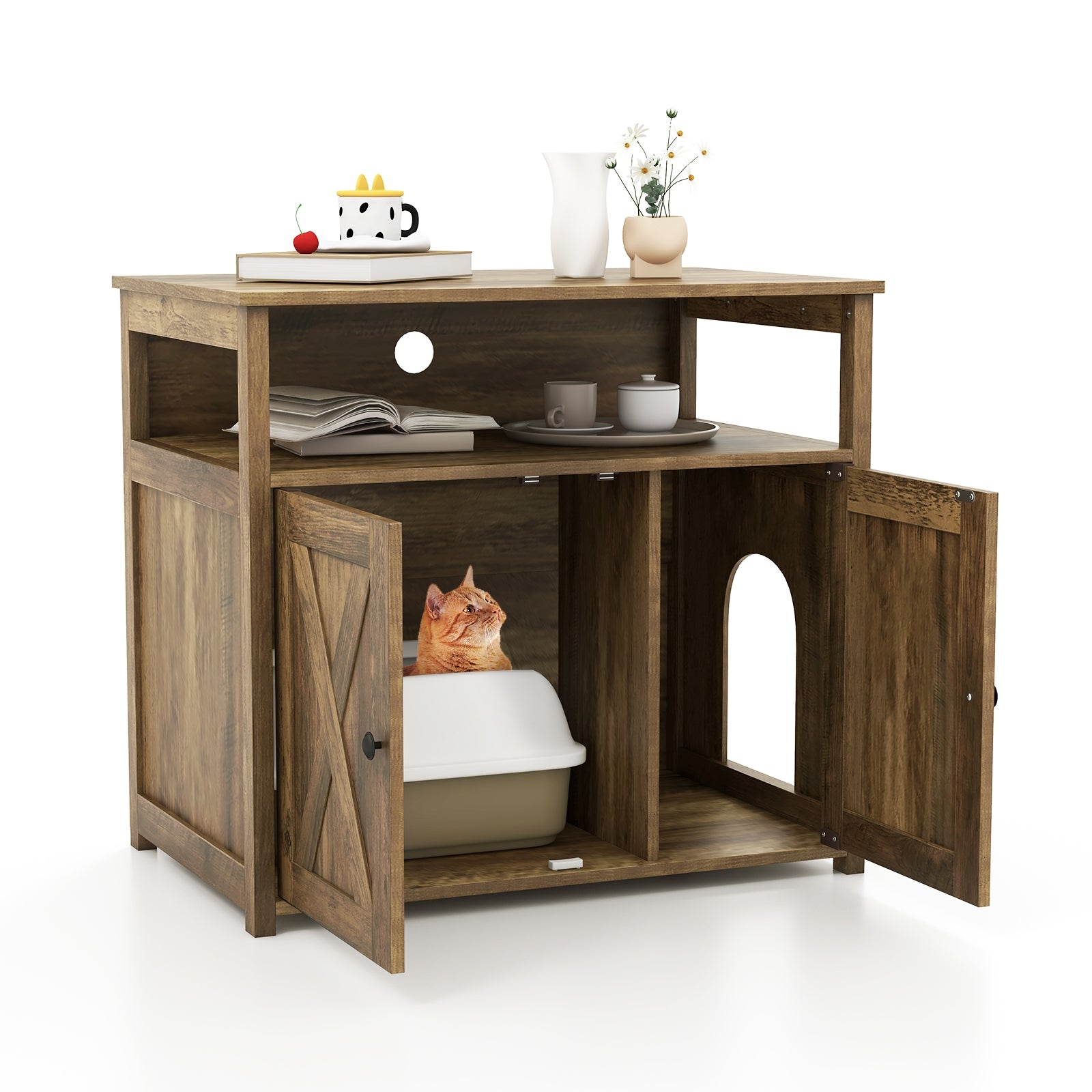 Cat Litter Box Enclosure with Double Barn Doors Divider Side Entry and Storage Shelf, Oak Cat Houses at Gallery Canada